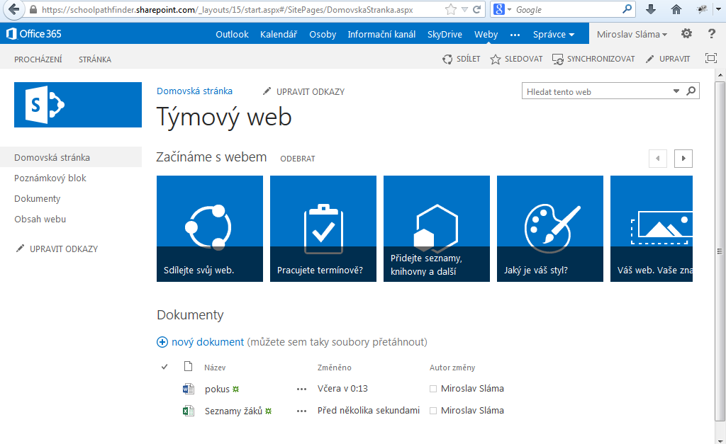 36 Využití služeb Office 365 Obr. 14 Prostředí Týmového webu 5.3.2 Sdílení dokumentů a jejich verzování Po přihlášení do služeb Office 365 se přesuneme do položky Týmového webu.
