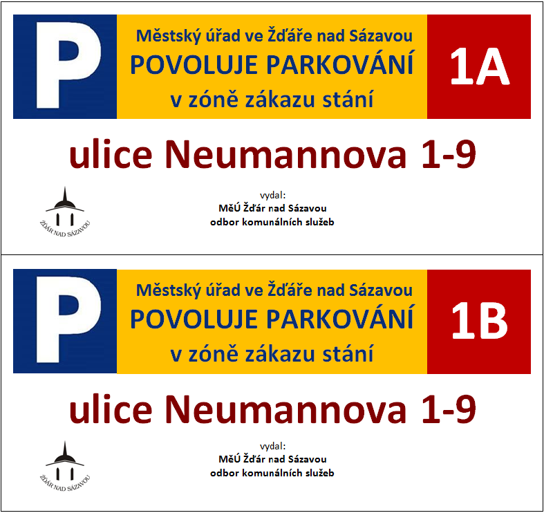 Obr. 3 Návrh parkovací karty, líc a text na rubu: POUČENÍ 1. Povolení k parkování umožňuje parkování s vozidlem v rozsahu uvedeném na druhé straně. 2.