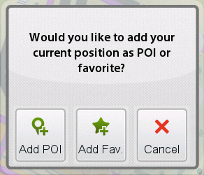 Pokud je zapnuté nahrávání trasy, aktuální poloha může být uložena nejen jako oblíbená, ale také jako POI (bod zájmu).