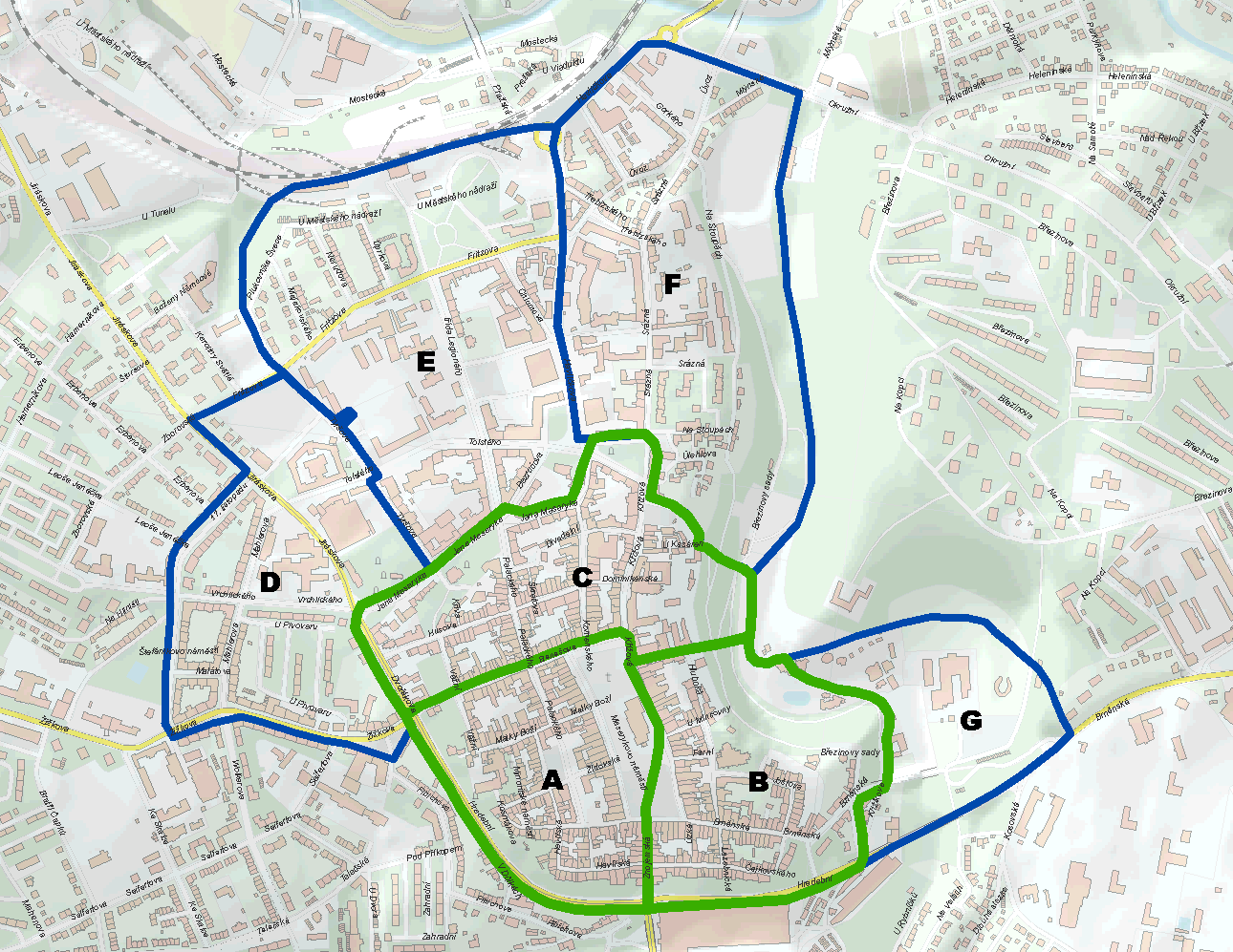 Obrázek 11 - Území širšího centra města Jihlavy s vyznačením 7 oblastí Zdroj: www.jihlava.