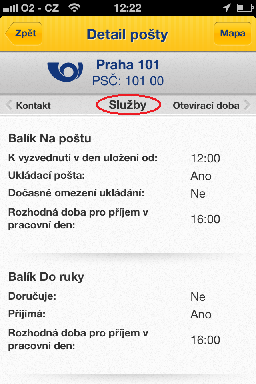 Z mapy lze také přímo zobrazit detail pobočky. Tapnutím na vlaječku pobočky České pošty se zobrazí adresa pobočky (viz. Screen). Dalším tapnutím na zobrazenou adresu se přesuneme do detailu pobočky.