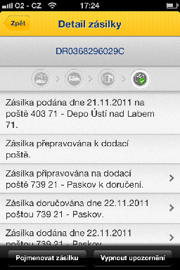 2.6 Zobrazení trasy zásilky Pokud se nacházíme v obrazovce Detail zásilky (viz.