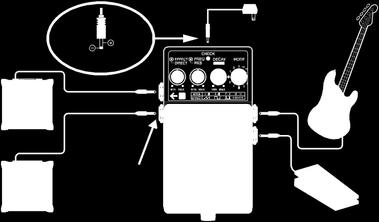 Zapojení AC Adaptér řady Boss PSA (volitelný) OUT 9V DC / 200 ma Baskytara Basové kombo Pro