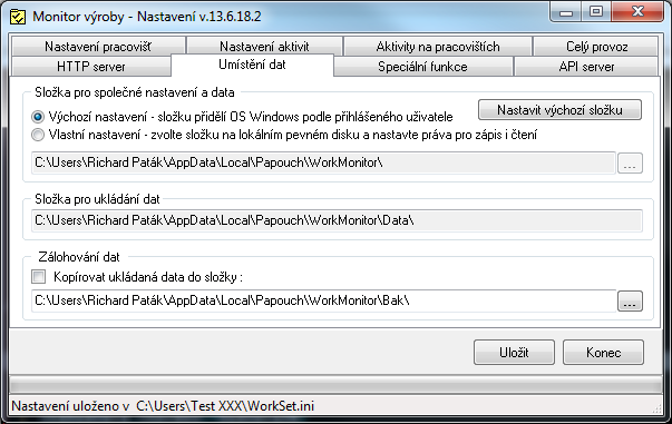 Workmonitor W o r k S e t U m í s t ě n í d a t Výchozí nastavení programu je, že se data a nastavení ukládají do složky, kterou programu přidělí OS Windows, podle přihlášeného uživatele.