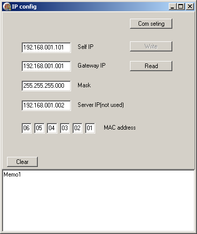 Tlačítko pro nastavení čísla COM portu PC IP adresa jednotky IP adresa brány Tlačítko pro zápis (po spuštění programu je neviditelné) Maska IP adresa serveru Tlačítko pro přečtení uloženého nastavení