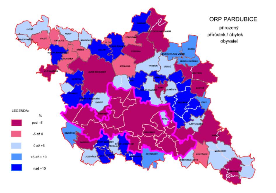 Obrázek 2: Přirozený přírůstek/úbytek v obcích ORP