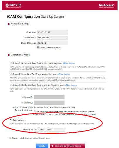 správný provozní režim "ICAM Manager" a v posledním políčku nastavíme Security ID