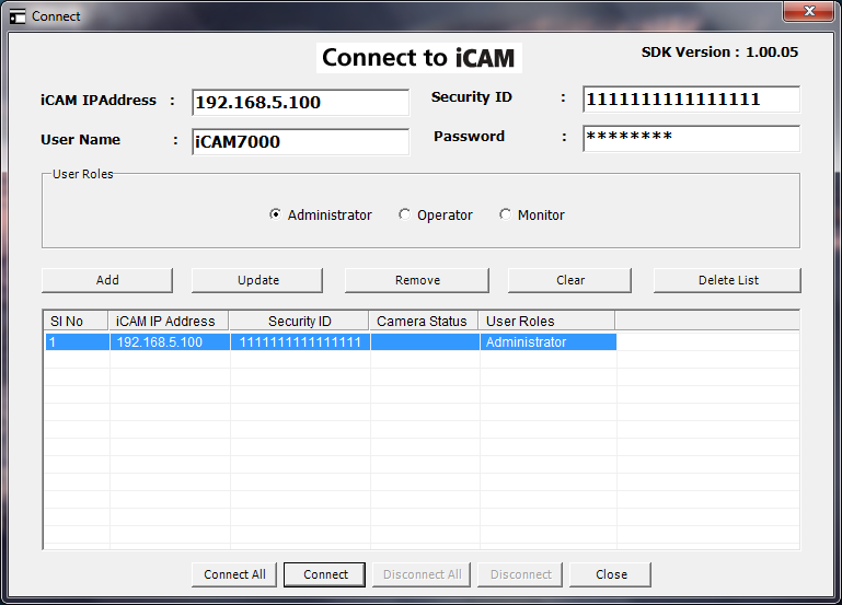 UTB ve Zlíně, Fakulta aplikované informatiky 40 Obrázek 30. icam Manager SDK Sample Kde zadáme icam IPAddress, Security ID, User Name, Password, User Roles: icam IP Address = 192.168.5.