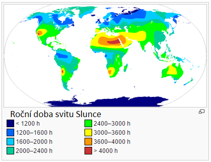 Obrázek 8 - Celosvětová mapa ročního úhrnu doby Obrázek 9 - Mapa ČR ročního úhrnu doby svitu Slunce [9] svitu Slunce (Zdroj: [8], přeložil autor) 1.3 