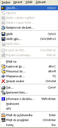 Karta Soubor Otevřít otevře nový snímek Uložit uloží upravený snímek do původního formátu Uložit jako uloží upravený snímek do zvoleného formátu jpg,