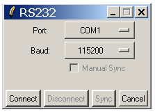 3, Navázání komunikace Pokud je vše správně nastaveno, pak můžete připojit procesor Pomocí dialogu, který se spouští z menu Settings Communication RS232.