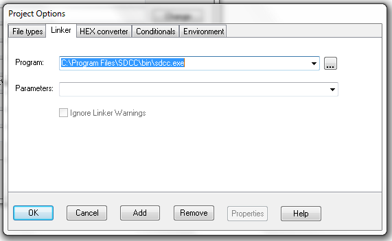 Pokud budete používat jazyk C, pak je ještě nutné na záložce Linker do řádku Program vyplnit opět soubor C:\Program Files\SDCC\bin\sdcc.exe.