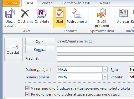 Každý úkol se skládá z Předmětu což je jméno úkolu, třeba kup dárky na vánoce, Datum zahájení což je datum, kdy se jste začali pracovat na úkolu, Termín splnění což je den kdy má být úkol hotový nebo