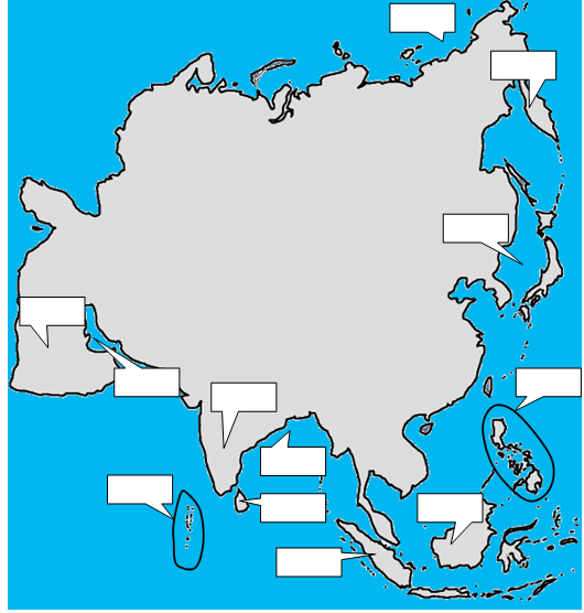 Oceán a moře pracovní list 61 OCEÁN A MOŘE PRACOVNÍ LIST 1. Na obr{zku je mapa Asie. Doplňte do mapy n{zvy pro vyznačené útvary. Lze využít i n{povědu pod mapou.