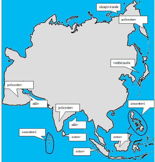Oceán a moře pracovní list 63 OCEÁN A MOŘE ŘEŠENÍ 1. Na obr{zku je mapa Asie. Doplňte do mapy n{zvy pro vyznačené útvary. Lze využít i n{povědu pod mapou.