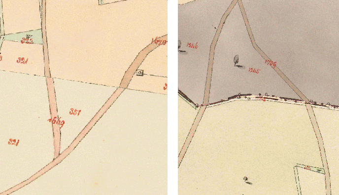 5.2 Georeferencování 5 ZPRACOVÁNÍ DAT Obrázek 10: Rozmístění a počet vlícovacích bodů a soulad kresby s mapovým podkladem na hranici katastrálního území a v klíčových prvcích.