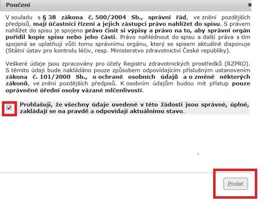 9. Zaškrtnutím checkboxu a následným kliknutím na tlačítko Další Vaše ohlášení