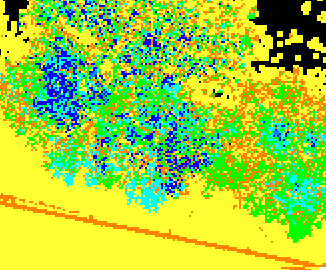 Protoţe zejména s vyšším rozlišením roste počet pixelů bez dat, je třeba pouţít filtr, který spočte hodnotu pixelu bez dat jako průměrnou hodnotu z okolních pixelů (kernel 3x3). Obr.4.