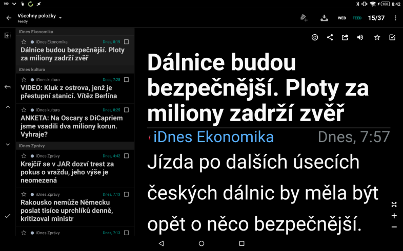 Obrázek 11: greader standardní zobrazení Obrázek 12: greader přizpůsobené zobrazení Obrázek 13: greader panel vlastností textu Obrázek 14: greader běžící předčítání TTS Obrázek 15: News+ (rozšířený