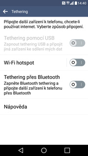 Zap./Vyp. přístupového bodu V záložce Sítě zvolíte Tethering. 3.