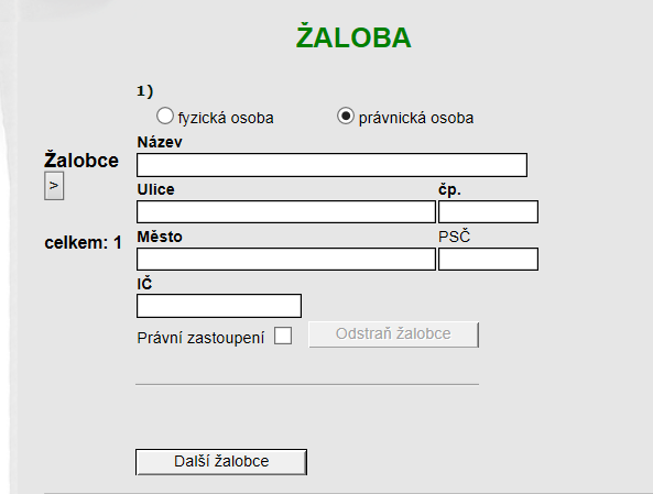 Obrázek č. 17: Žaloba žalobce Povinná pole jsou Název právnické osoby, Sídlo (ulice, číslo popisné, město) a IČ. 3.1.2.