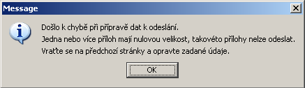 Překročí-li celková kapacita všech příloh limit 10MB, podateli se zobrazí infromativní láška a bude nucen vrátit se zpět a upravit přílohy (např. odebrat). Obrázek č.