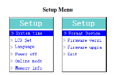 Použití Setup Menu - může se stát, že budete potřebovat nastavit datum& čas nebo změnit některá výchozí nastavení - pro vstup do setup menu vyberte v hlavním menu vyberte pomocí tlačítek tlačítko