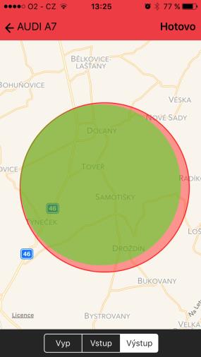 4.5 Zóna V mobilní aplikaci lze definovat geografickou oblast o poloměru 100 m až 50 km.