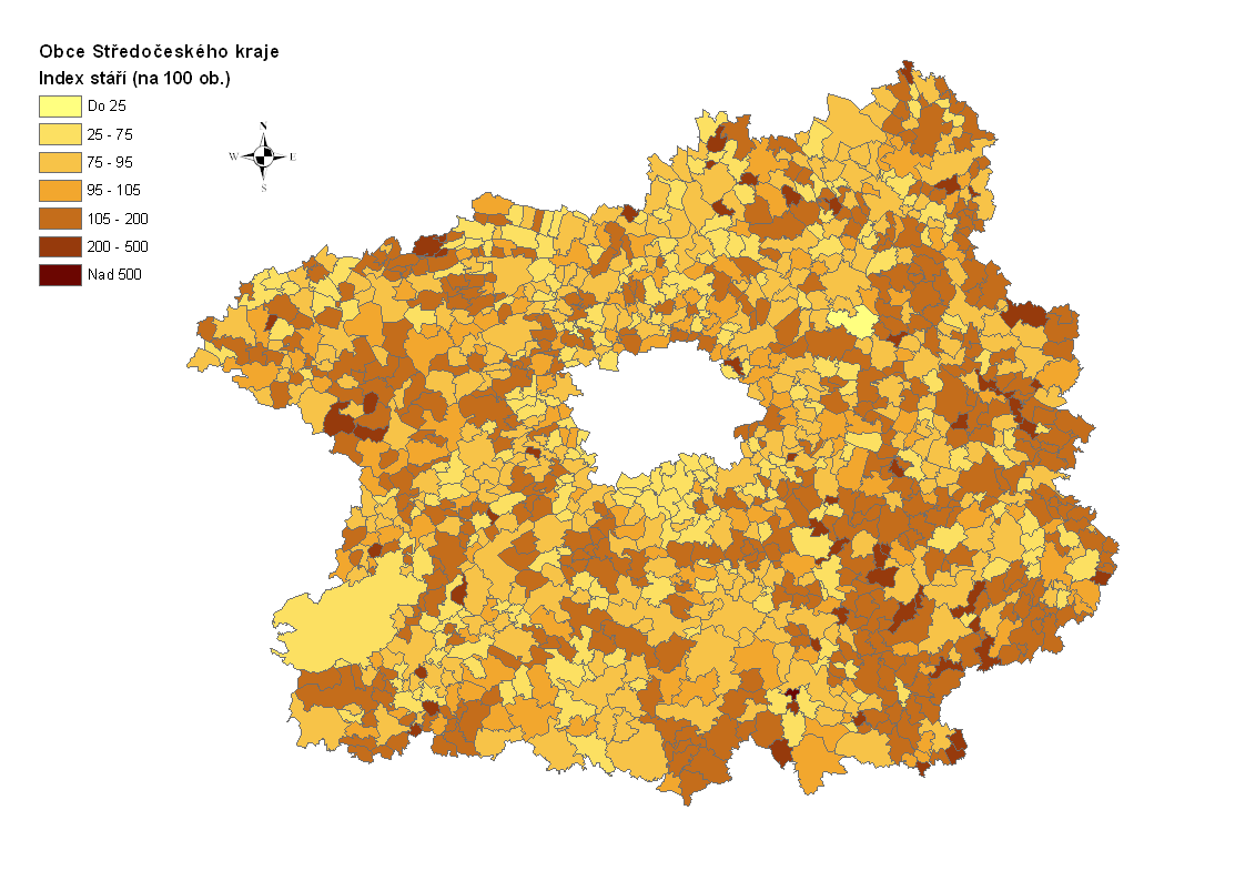 Obr. 2.4: Index stáří, obce Středočeského kraje 2009 (vyjadřováno v poměru na 100 osob) Pozn.