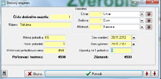 Majetek 21.2 243 Drobný majetek Evidence majetku,který se neodepisuje.jde rovnou do nákladu. Evidujeme tyto údaje: 1. Číslo majetku evidence - číselné označení každého záznamu 2. Název 3.