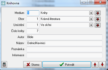 252 23 Knihovna Knihovna slouží k evidenci knih, kazet, video nahrávek, Cd, DVD atd. Evidujeme tyto údaje: 1. Číslo media - číselné označení media podle Číselník medií 2.