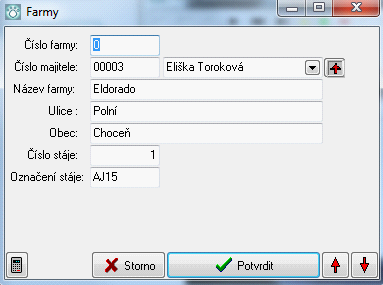 Nastavení programu 45 Evidujeme tyto údaje: 1. Číslo - číselné označení farmy 2. Název - pojmenování farmy 3. Ulice - adresa farmy 4. Obec 5. Číslo stáje 6. Označení stáje 7.