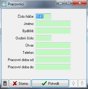 46 Evidujeme tyto údaje: 1. Číslo řidiče - číselné označení řidiče - pracovníka 2. Jméno 3. Bydliště - adresa pracovníka 4. Osobní číslo - číslo bude zobrazeno na cestovním příkaze 5.