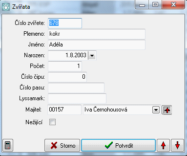 Nastavení programu 47 Evidujeme tyto údaje: 1. Číslo zvířete - číselné označení pacienta 2. Plemeno 3. Jméno jméno pacienta 4. Narození plné datum narození 5. Počet obvykle 1.