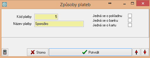 70 Evidujeme tyto údaje: 1. Kód platby - číslo platby. 2. Název - textový název způsobu 3.