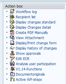 V pravé části obrazovky je menu, z něhož je především využit: 1) Workflow log pro zobrazení postupu ve schvalování i s poznámkami od zodpovědných pracovníků.