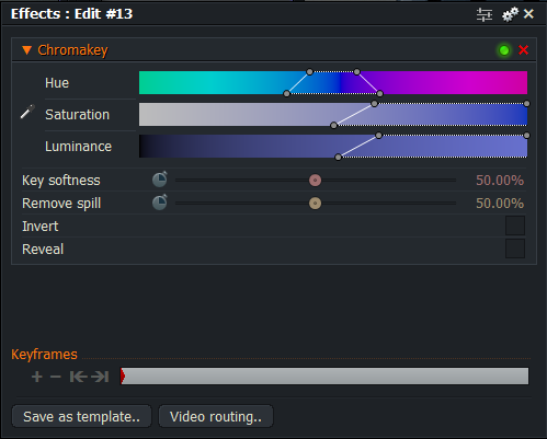 4 POUŽÍVÁNÍ EDITORU LIGHTWORKS počátečních hodnot barev určených ke klíčování. Výběrem jednoho z těchto efektů se zobrazí nastavení, ve kterém uživatel nastavuje celý efekt (viz Obrázek 13).