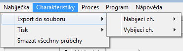 Obr. 30: Ukázka horního menu Struktura horního menu: Nabíječka o Ověřit zda je připojena Charakteristiky o Export do souboru Nabíjecí ch. 1. patice 2.
