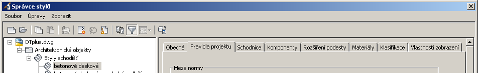 Styly předdefinovaných schodišť V záložce Pravidla projektu se nastavují
