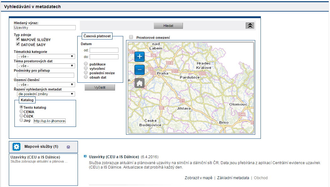3:2 :: Vyhledávání Vyhledávání v mapových službách a datových sadách je přístupné jak u každé této sekce samostatně, tak společně pro oba typy poskytovaných informací.