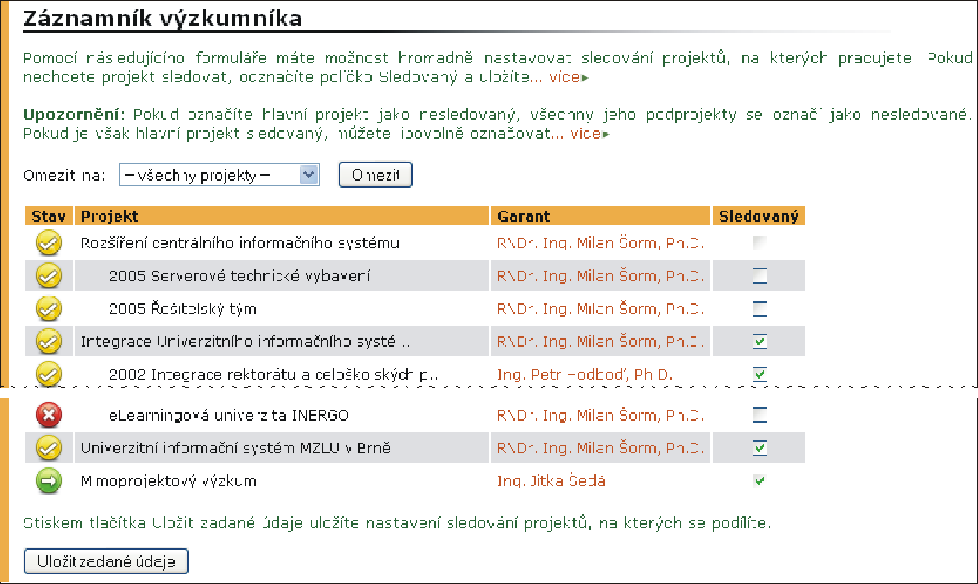 17 ZÁZNAMNÍK VÝZKUMNÍKA tegrátora. Seznam integrátorů je uveden v Osobní administrativě AIS v části Dokumentace AIS v aplikaci Systémoví integrátoři. Obrázek 82 Nastavení sledovanosti projektů 17.