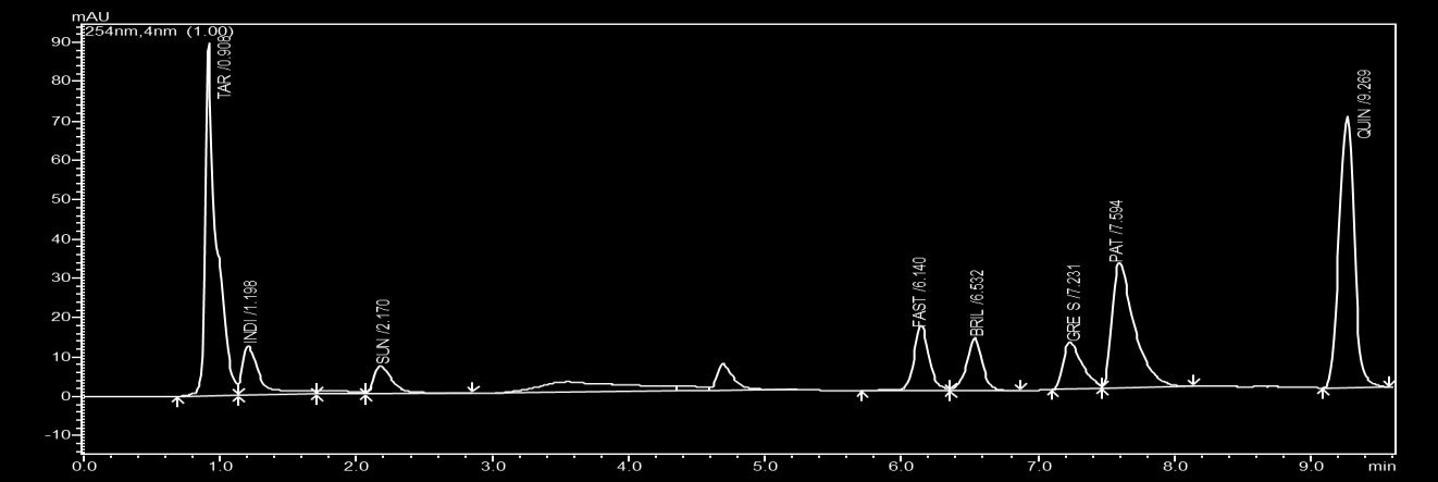 7.3.6. Gradient 06 Vzhledem k problému s nedostatečnou separací výše uvedených kritických párů byla zvýšena koncentrace octanového pufru na 2%. Průtok byl ponechán na 2 ml/min. Tab.