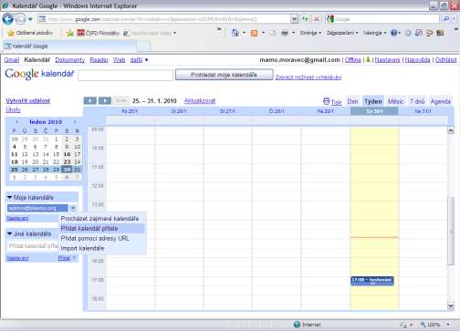 Vlevo v sekci Jiné kalendáře klikněte na Přidat a vyberte volbu Přidat kalendář přítele E-mailovou adresu naleznete na stránce příslušného kalendáře na stránkách www.blesno.