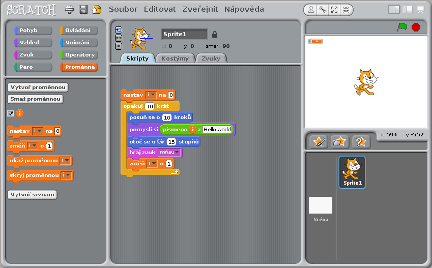 Princip Scratch je založen na grafických blocích, které lze různě skládat dohromady a tím vytvořit fungující program.