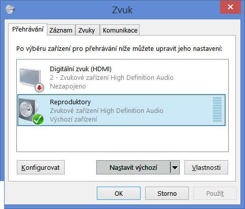 3. Klepneme na Spravovat zvuková zařízení. 4. V okně zvolíme výstup do sluchátek a klepneme na: Nastavit výchozí.