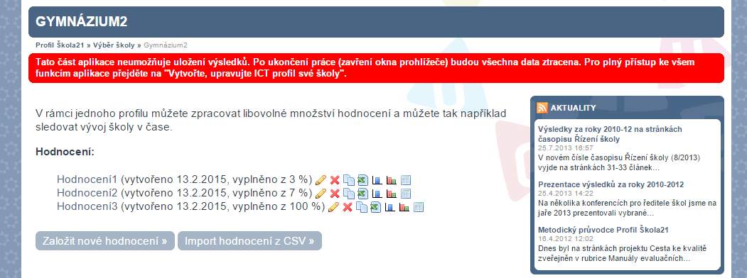 Pro vytvoření ICT profilu školy, klepneme na odkaz: Vytvořte, upravte ICT profil školy a na následující stránce přes nabídku Založit nový profil, zadáme název profilu (zde název školy) a potvrdíme