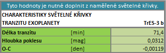 Protokol pro výpočty ze světelných křivek tranzitů exoplanet se skládá ze čtyř pracovních panelů: 1) Panel pro výběr pozorované exoplanety; jedná se o rezevíratelný seznam, ze kterého si uživatel