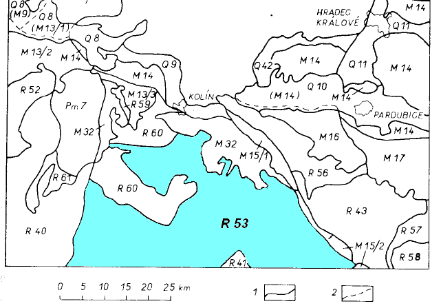 Obr. 4: Hydrogeologický rajón: R 53 oblast vltavsko-dunajské elevace 1 hranice hydrogeologického rajónu; 2 hranice překrytého hydrogeologického rajónu (Krásný et. al., 1982). 6.