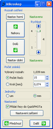 Použití modulu Deep Focus 3.1 v programech QuickPHOTO 6. V části Rozsah ostření postupujte následovně: a. Pomocí tlačítka Dolů zaostřete mikroskop tak, aby byla ostrá nejníže položená část vzorku.