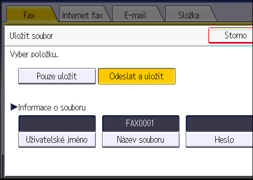 4. Faxování 4. Je-li třeba, zadejte uživatelské jméno, název souboru a heslo. Uživatelské jméno Stiskněte [Uživ. jméno] a poté vyberte uživatelské jméno.